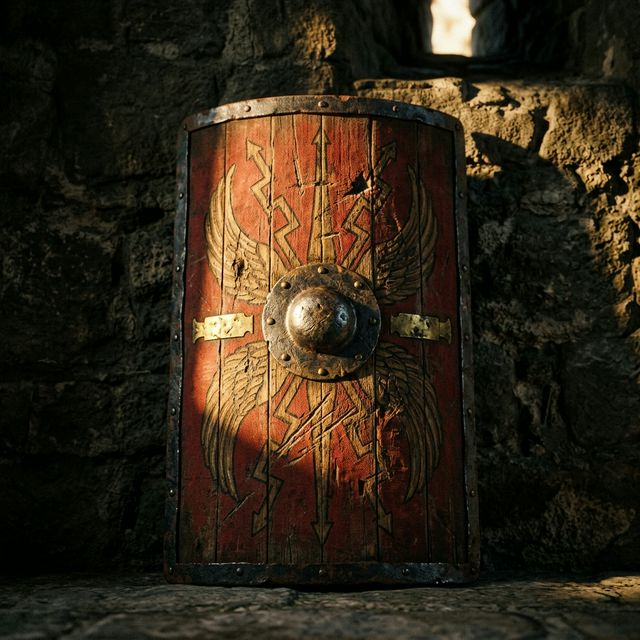 Battle-scarred Roman shield in golden light