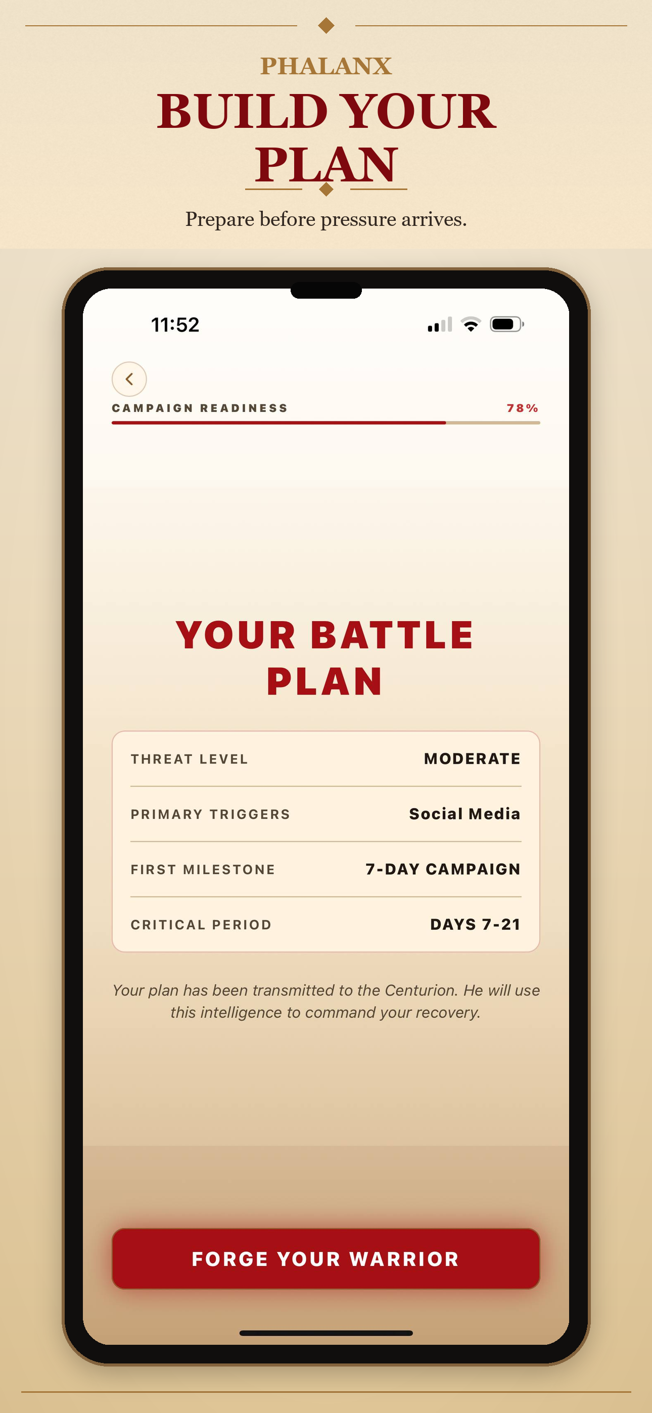 PHALANX current App Store panel showing plan building