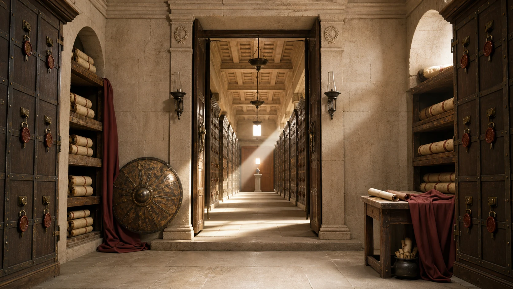 Locked Roman archive records protected inside a private stone vault at dawn